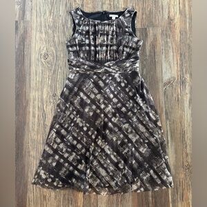 Coldwater Creek Midi Dress Sz M (10-12) Mesh Overlay Ruched Waistband Black Tan